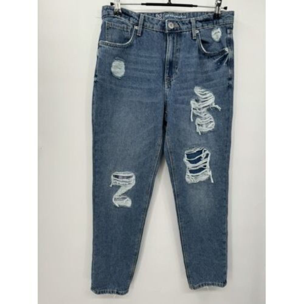 No Boundaries 9 Mom Jeans Women Blue Distressed‎ Plaid Patch High Rise Tapered